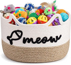 Cat Toy Basket with Cat Ear Handles, 15 x 11 x 9 in Woven Cats Toy Bin, Large Two-tone Cotton Rope Storage Box, Meow Words Organizer for Toys, Blankets, Home Decor (White, Linen)