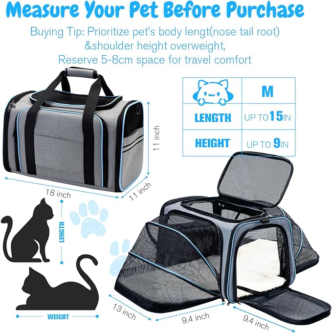 Double Expandable Cat Carrier,Airline Approved Soft-Sided Pet Travel Carrier for Small Dogs Cats under 15 lbs,Waterproof 600D Oxford Fabric with Washable Replacement Liner,Odor-Free & Claw-Proof(Blue)