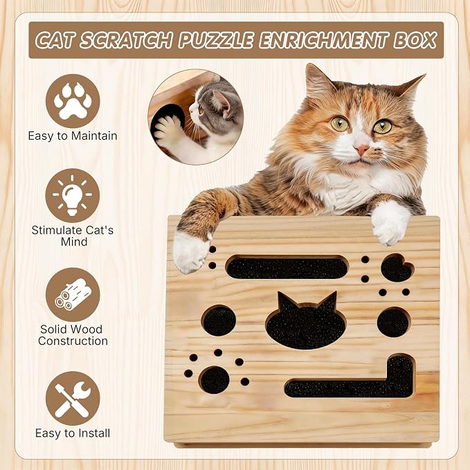 Wooden Cat Scratch Puzzle Enrichment Box, with 3 Balls & 1 Wand | Integrated Cat Nail File Scratcher with Sandpaper Liner - Stress Free Alternative to Clippers & Grinders for Indoor Cats (S)
