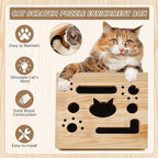 Wooden Cat Scratch Puzzle Enrichment Box, with 3 Balls & 1 Wand | Integrated Cat Nail File Scratcher with Sandpaper Liner - Stress Free Alternative to Clippers & Grinders for Indoor Cats (S)