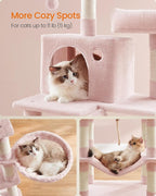 Feandrea Cat Tree, 66.1-Inch Large Cat Tower, Multi-Level Plush Condo with 13 Scratching Posts, 2 Perches, 2 Caves, Basket, Hammock, Pompoms, Jelly Pink UPCT165P01
