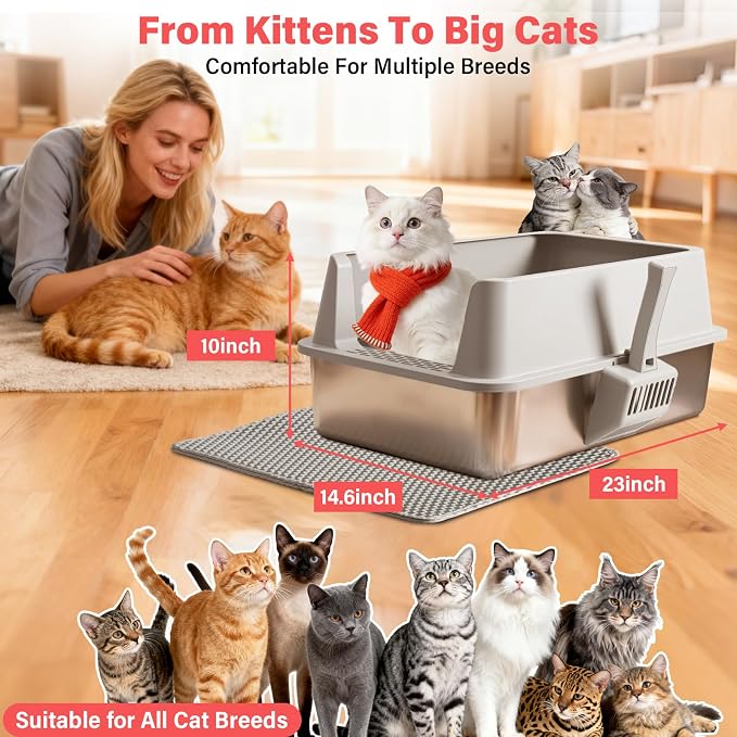 2PACK Stainless Steel Cat Litter Box, Extra Large Litter Boxes for Big Cats | High Sided, Anti-Urine Leakage, Odor Free, Non-Sticky, Easy Cleaning, Include Mat & Scoop