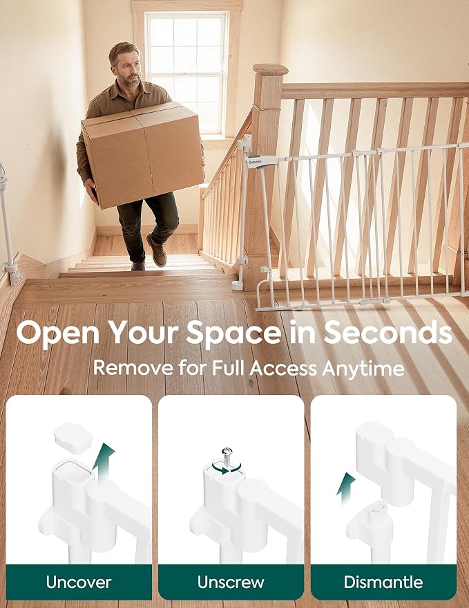 Babelio Removable & No Bottom Bar Baby Gate, 35.5-55" Hardware Mounted (Drill Needed)| Wide Walk-Thru| Auto-Close Safety Dog/Pet Gate for Stairs & Doorways (White, 35.5-55" W, 30" H) | Hardware Mounted (Drill Needed)| Wide Walk-Thru| Auto-Close Safety ...