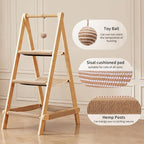 Stylish Plywood A-Frame Cat Tower, 3-Tier Perch, Sisal Scratching Board & Open Hammock, Space-Saving Movable Cat Tree Fits Most Home Styles
