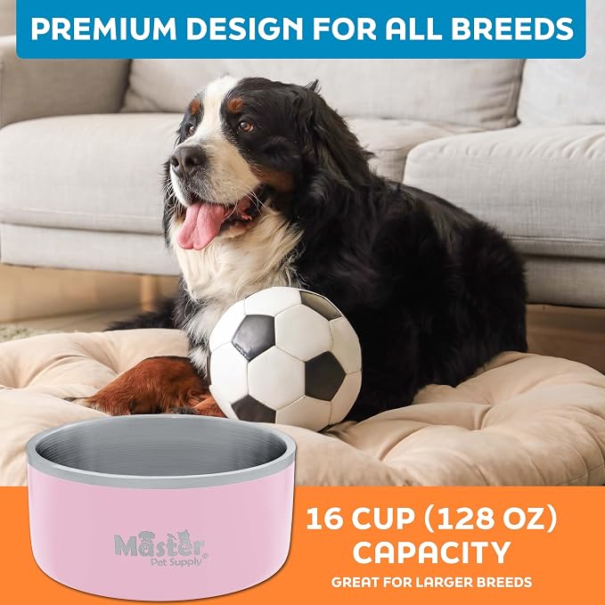 Master Pet Supply Stainless Steel Dog Bowls - 128 oz, Heavy Duty - Rose Quartz, Double Wall Extra-Thick Insulated, Non-Slip Pet Water Bowl for Dogs, Cats & Pets, Anti Rust Metal, Dish Washer Safe