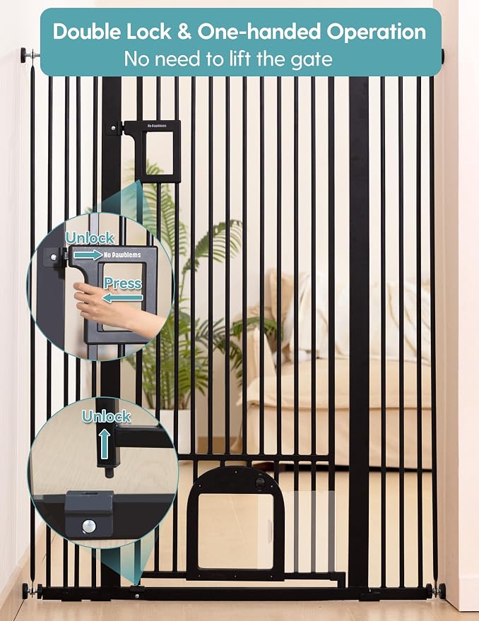 No Pawblems 55" Extra Tall Pet Gate with Cat Door, 29"-43" Dog Gate Indoor | NO Drilling Pressure Mounted for Doorways/Hallways, 1.37" Bar Spacing, One-handed Operation, Auto Close, Dual Lock, Black
