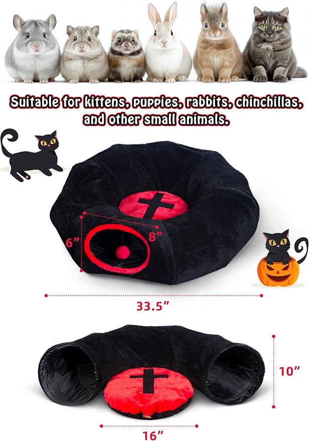 Gothic Coffin Tunnel Cat Bed, Washable, Fits Cat up to 25 lbs | Two-way tunnel design. Size: 10"x33.5". Black & Red. Includes soft washable cushion. Also for small rabbits indoor.