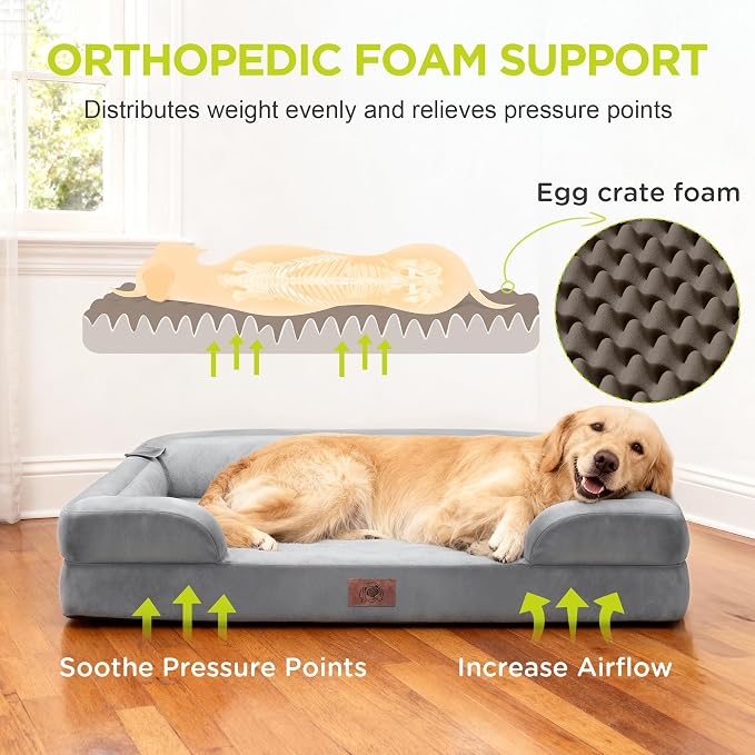 Waterproof Orthopedic Dog Bed for Extra Large Sized Dogs | Memory Foam Pet Bed Sofa with Bolster, Dog Couch with Washable Cover & Non-Slip Bottom, 48x30 Inch, Grey