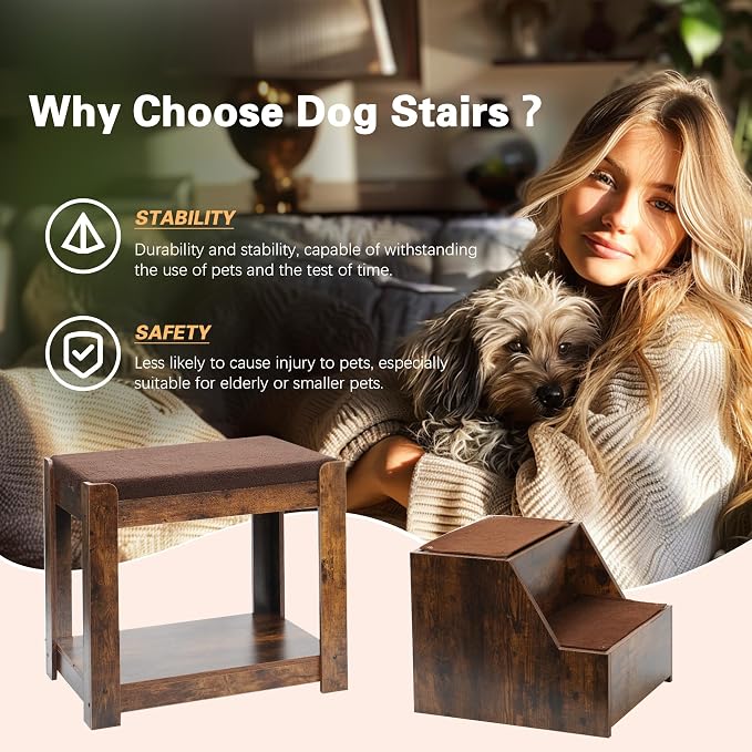 Large Dog Window Perch with 2-Tier Stairs,Sturdy Wood Frame, Rustic Brown | SogesPet Indoor Pet Perch with Steps to Look Out Window, for Cats Dogs, Non-Slip Removable Soft Pads, Max Load 66lbs
