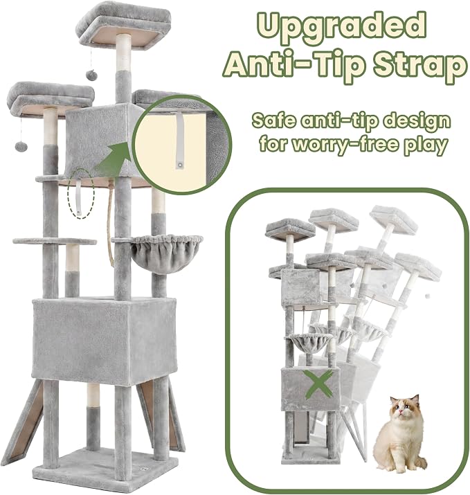 Cat Tree, 81.1" Tall Heavy Duty Cat Tower for Large Cats VCT032W | Cat Furniture with 3 Wide Platforms, Diamond-Shaped Condo 2 Sisal Scratchers, Hammock & Stable Base, Light Gray