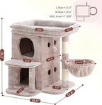 Heybly 26.3" Cat Tree for Large Cats with Big Perch & Dual Condos HCT204SMU | 26.3-inch Spacious Cat Tower with Scratching Posts, Stair-Style Cat House Furniture with Cozy Basket & Pompom, Rosy Brown