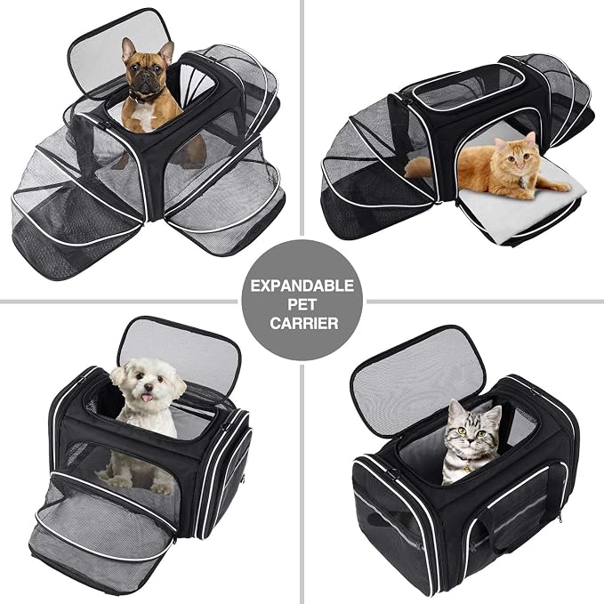 TSA Airline Approved Large Pet Travel Carrier,4 Sides Expandable with 2 Mesh Pockets,3 Entry, Soft Sided Collapsible Dog Carrier for 2 Cats,Kittens,Puppies,Dog, X-Large, Black & White
