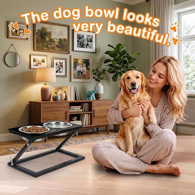 Elevated Dog Bowl, Adjustable Height and Tilt Angle Dog Bowl Stand | Precisely Adjust Height And Tilt Angle, Easy To Clean, Equipped With 2 Stainless Steel Food Bowls, Sturdy And Durable.