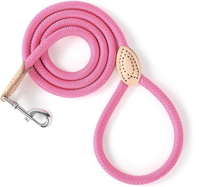 Mile High Life Dog Leash with Genuine Leather Connection, Reflective | Rope Leash, Heavy Duty 360° Swivel Metal Clasp, for Small Medium & Large Dogs Walking (Hot Pink, 48 Inch-1/2)