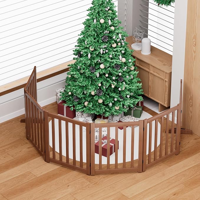 Wooden Freestanding Foldable Dog Gate, 24 Inch Height 6 Panel Pet Gate No Drill for Doorways Stairs, Fully Assembled Indoor Puppy Fence (Teak Color, 120" W x 24" H)