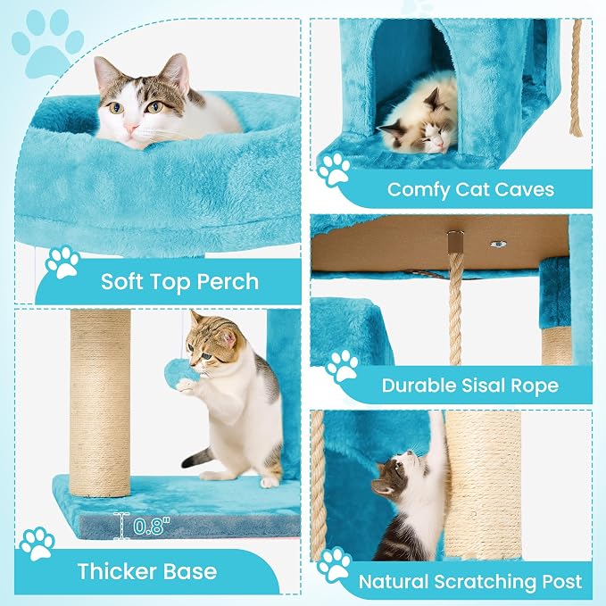 57inch Large Cat Tree Tower Condo for Indoor Cats, Soft Plush Multi-Level Climbing Tree Cat House with Cat Cave, Scratching Post, More Entrance/Exit, Sisal Rope, Light Blue
