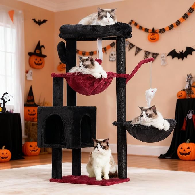 Heybly Cat Tree, 40" Tower with All-Sisal Wrapped Scratching Post HCT006SBR | Cat Tower for Indoor Cats, Cat Condo with Soft Platform, 2 Baskets and Dangling Toy, Black and Red