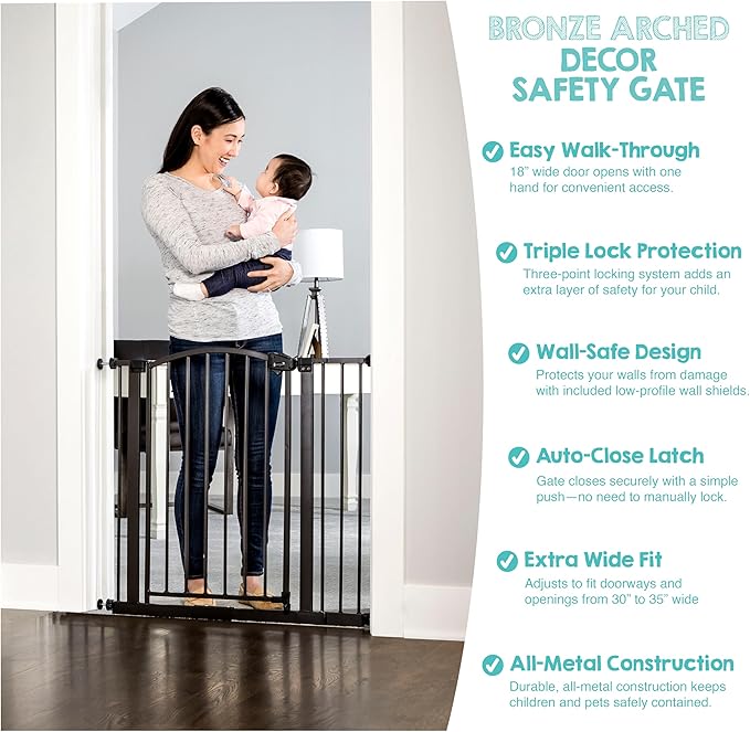 Regalo Safety 30"-35" Extra Wide Baby Gate, Bottom of Stairs & Doorways | Pressure Mounted with Door, For Babies, Toddlers & Pets, Bronze, Tested & Trusted for 30 Years