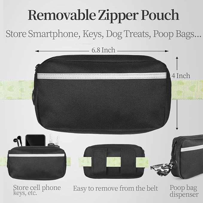 iYoShop Hands Free Dog Leash with Zipper Pouch, Dual Padded Handles and Durable Bungee for Walking, Jogging and Running Your Dog (Green Heart, Large)