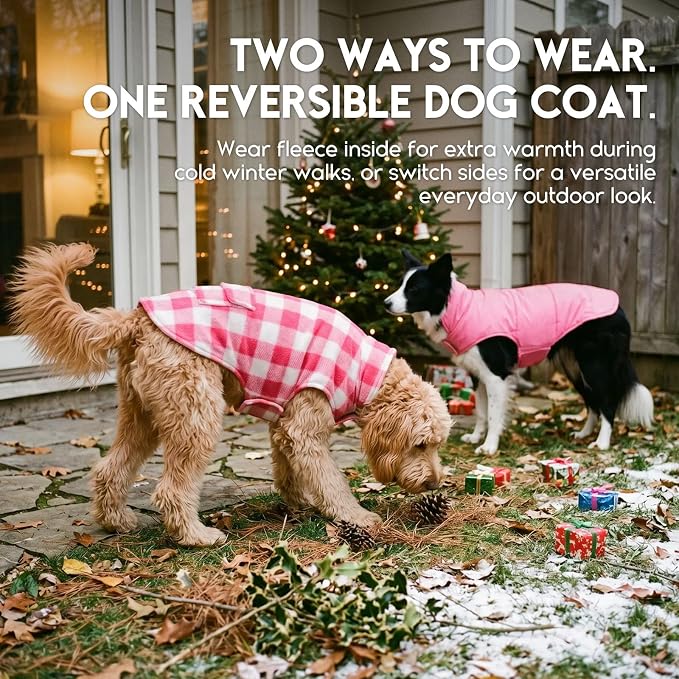 ASENKU Reversible Dog Winter Coat, Dog Jacket for Small Medium Large Dogs | Windproof Plaid Fleece Lining for Cold Weather, Water-resistant Outer Shell, Puppy Puffer Vest with Leash Hole, Pink 3XL