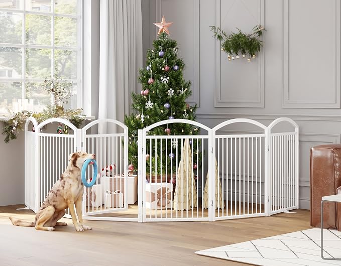 Folding Pet Fence 144" Wide, 32" Tall,Freestanding Dog Gate with Door,White | 6 Panels No-Assembly Metal Pet Fence Walk Through,Extra Accordion Puppy Folding Playpen for Doorways, Stairs,House