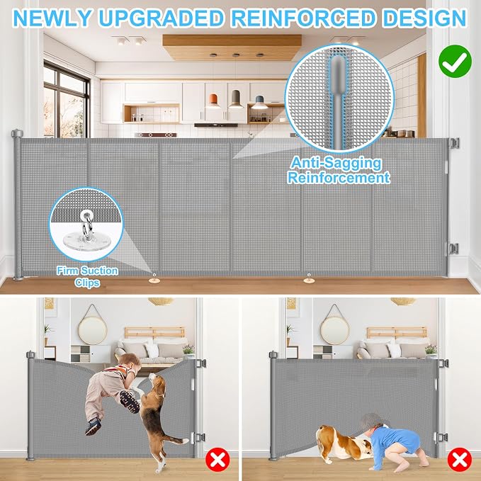 EZIGO 120 Inch Retractable Baby Gates, 41 Inch Extra Tall Retractable Gate | Reinforced Retractable Dog Gate with Rods, 10 FT Extra Long Mesh Pet Gate for Stairs Hallways Doorway Indoor Outdoor, Gray