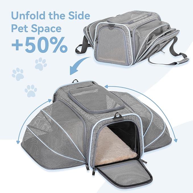 Petsfit Small Double Expandable Cat Carrier for Kittens and Air Travel | 16 x 10 x 9 in; sized for Alaska Airlines, with locking zippers, an interior safety tether and multi-side ventilation.