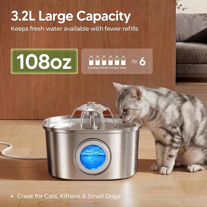 PEKTACO Cat Water Fountain, 3.2L Stainless Steel Pet Fountain, 1 Filter | 108oz capacity, LED water level window, ultra-quiet pump, dishwasher-safe tray, BPA-free, for cats and small dogs