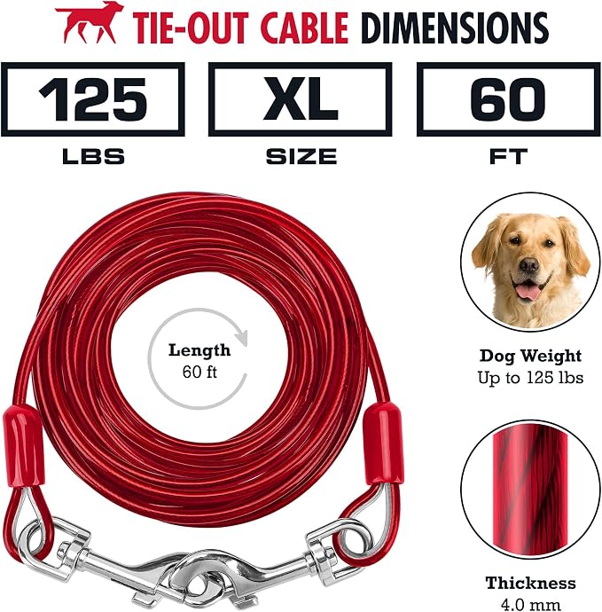Tuff Pupper Dog Tie Out Cable, 60 ft Heavy Duty Lead for up to 125 lb Dogs | Extra-Strong Coated Steel Wire for Large Dogs; Water/Rust Resistant Yard Runner Line with 360-Degree No-Tangle Swivel Clips