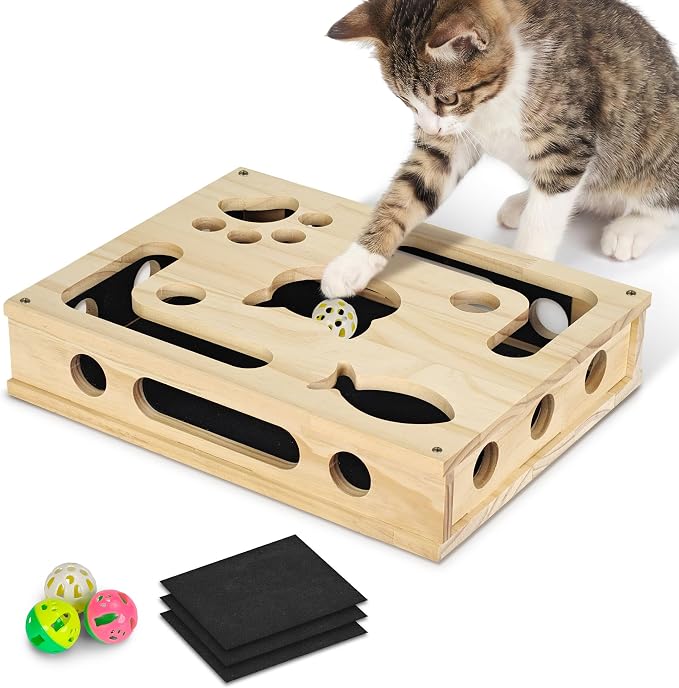 Cat Nail File Box, Interactive Wooden Cat Scratch Puzzle Toy with Sandpaper, Includes 3 Bell Balls & 3 Replacement Pads for Indoor Cats, Stress-Free Enrichment Claw Care (Large)