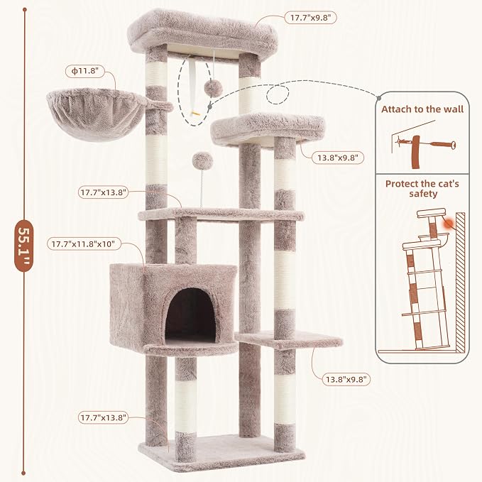 Gitelsnour 55.1'' Cat Tree Tower for Indoor Cats, Large Platform, CCT013MU | 7 Sisal Scratching Posts, Multi-level Cat Condo Cat Cave, 2 Padded Perches, Basket, Furry Ball, Toy, Mushroom