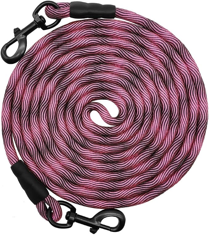 BTINESFUL 8ft/12ft/20ft/30ft/50ft/75ft Dog Tie-Out Long Tether Rope Leash, Outdoor Dog Lead for Yard- Large Medium Dogs Training, Playing, Camping, Backyard (20 Foot, Pink Black)