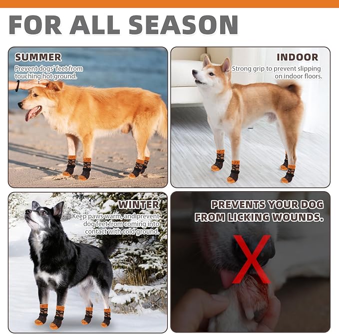 KOOLTAIL Thanksgiving Anti Slip Dog Socks for Hot/Cold Pavement to Prevent Licking Paws, Fall Dog Boots&Paw Protector with Grippers for Hardwood Floors, Traction Booties for Small Medium Large Dogs, L