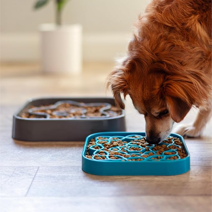 Messy Mutts Square Slow Feeder, 8 Inch, 2 Cup, Cool Grey | 8 x 8 Inch Square Silicone Puzzle Slow Feeder For Dogs And Cats, Holds 2 Cups, Dishwasher Safe