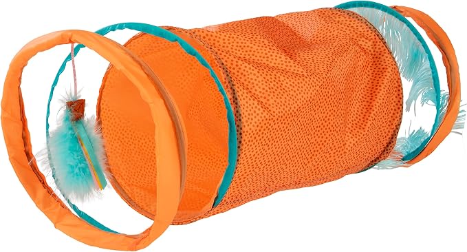Instincts by SmartyKat Teaser Tunnel Activity Tunnel Cat Toy w/Fringe & Feather Teaser Cat Toy - Orange, One Size