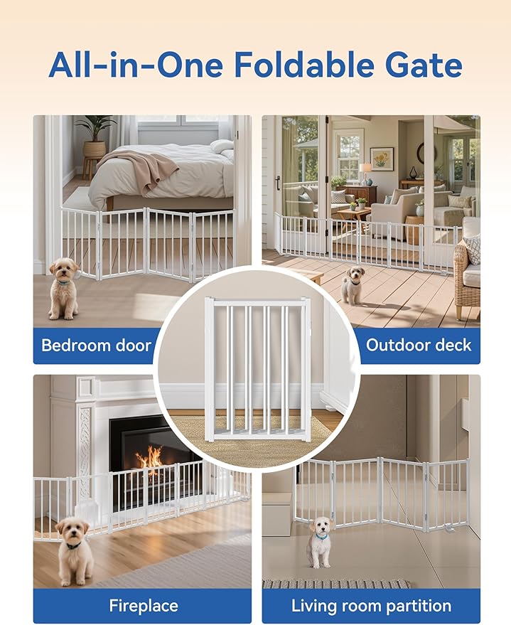 BFNN Small Dog Gate Indoor, Up to 72" W Freestanding Pet/Puppy Fence, White | Flexible Space Control | Chewproof Steel Frame | 16.5" Step-Over Gate | Foldable | Drill-Free Setup | For Stairs & Doorways