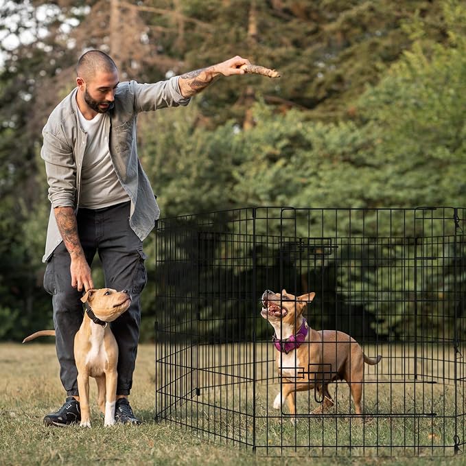 Peekaboo Dog Playpen 30 in, 8 Panel Metal Rustproof Pet Fence with Cover | 30 Inch 8 Panel Foldable Metal Dog Playpen with Bottom Pad