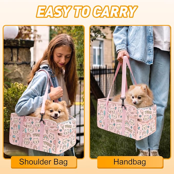 Console Dog Car Seat - Portable Dogs Armrest Booster Seat for Small Dog, Foldable Pet Car Seat with Safety Belt, Pink Kitten
