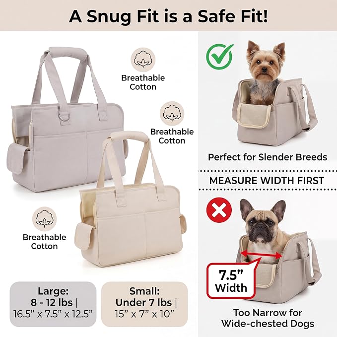 JourCraf Dog Purse Carrier for Small Dogs & Puppies Up 12 Lbs, Soft Cotton Tote Pet Shoulder Bag with Pockets, Foldable & Washable Breathable Puppy Carrier for Yorkie, Chihuahua & Cats - Beige