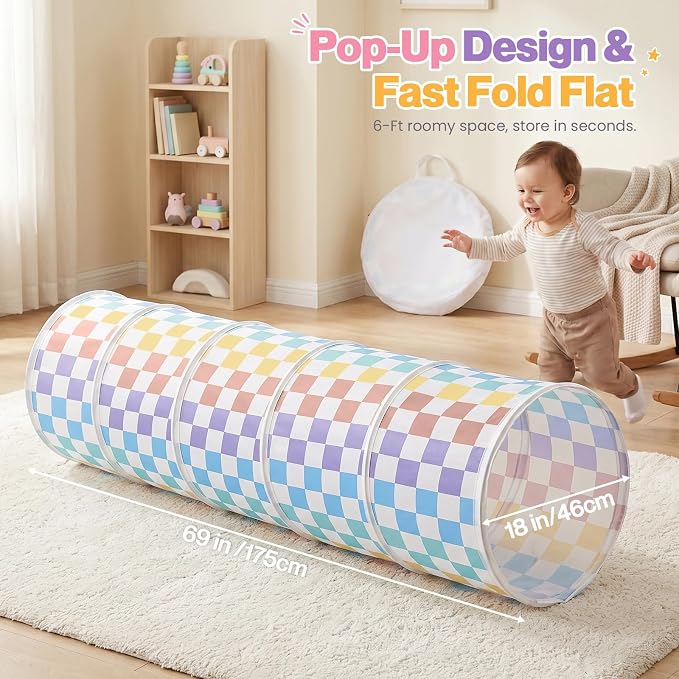 Kids Play Tunnel Tent for Toddler: 6-ft Peach-Skin Pop Up Crawl Tunnel Toy for Baby Infant Children - Collapsible Gift for Boy Girl Play Tunnel Indoor Outdoor Game (Colorful Checkered Tunnel)