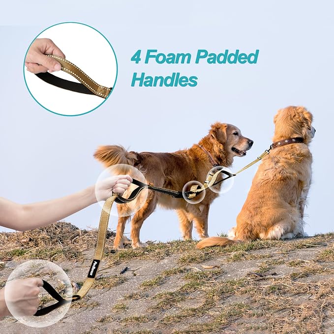 PetBonus Double Dog Leash, No Tangle Dual Leash, Walking Training Lead | 4 Comfortable Padded Handles, Adjustable, Reflective, For Two Large Medium Dogs, Collapsible Bowl and Waste Bags, Light Khaki
