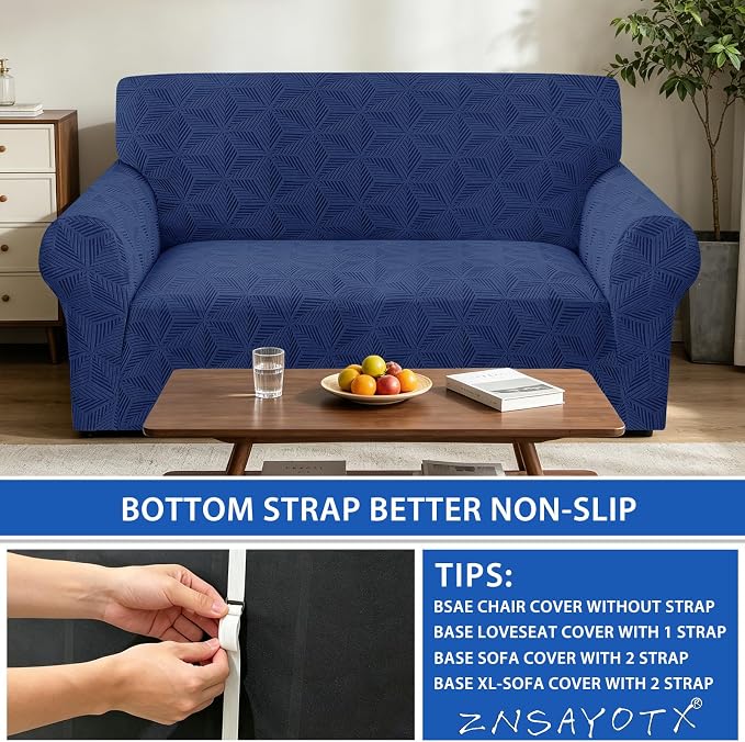 ZNSAYOTX Stretch Couch Cover, 1 Piece Sofa Covers for 2 Cushion Couch, Jacquard Loveseat Slipcovers with Elastic Bottom Thickened Furniture Protector for Dog Cat Pet (Medium, Navy Blue)