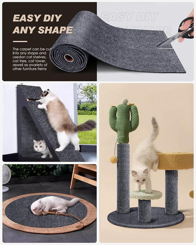 Cat Scratch Furniture Protector, Trimmable Self-Adhesive Carpet, DIY Climb Cat Scratcher Mat for Covering Cat Tower and Couch Protector from Cat Claws (78.7x15.8in Dark Gray)
