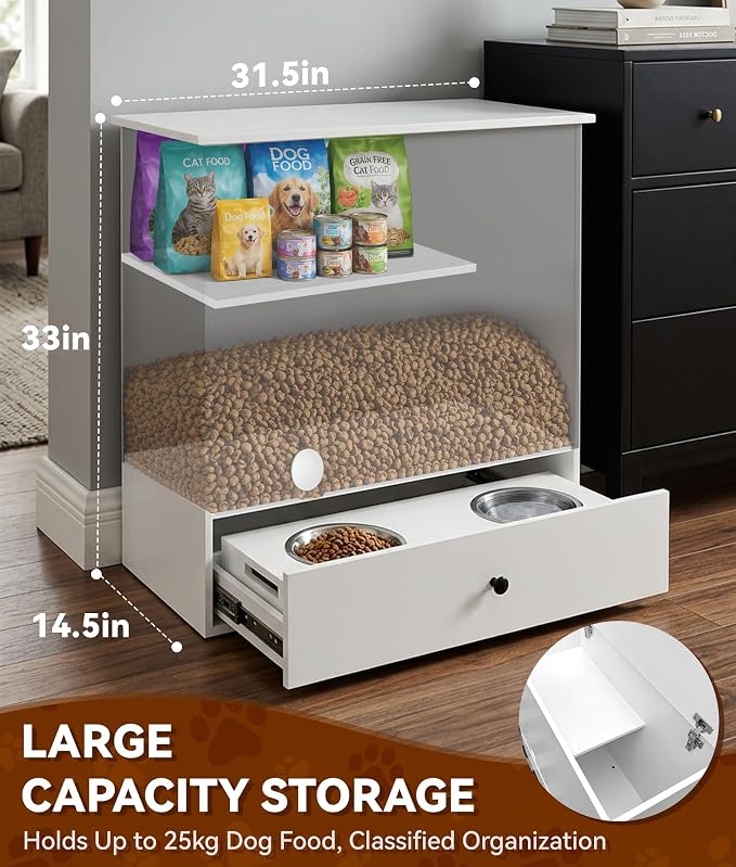 Dog/Cat Feeding Station with Storage, Large Capacity Pet Feeding Station | 23.6 x 23.6 x 31.5 inch, Multi-Layer, Sturdy Pet Storage Cabinet, Waterproof PVC Finish, For Kitchen, Laundry Room & Garage