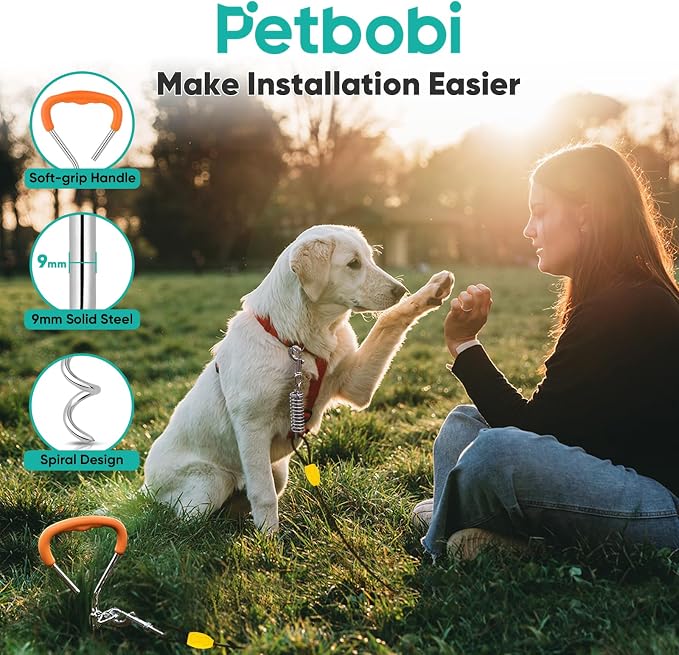 Petbobi Dog Tie Out Cable and Stake, 30ft Heavy Duty Dog Leads for Yard | 4in Shock Spring, 16in Spiral Ground Anchor, 360° No-Tangle Swivel, Chew-Proof Rustproof Wire, Up to 120 lbs, Outdoor Camping