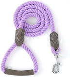 Mile High Life Dog Leash Braided Cotton Rope w/Leather-Wrapped Ends/Handle | Rust-proof 360° swivel clasp, Heavy-duty for medium/large breeds. Great for weddings, daily walks (5 FT, 1/2", Purple)