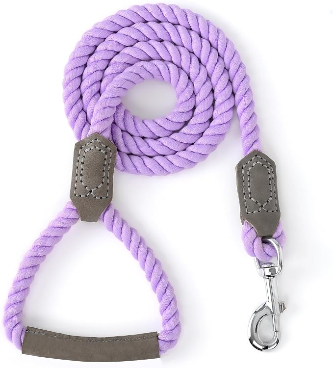 Mile High Life Dog Leash Braided Cotton Rope w/Leather-Wrapped Ends/Handle | Rust-proof 360° swivel clasp, Heavy-duty for medium/large breeds. Great for weddings, daily walks (5 FT, 1/2", Purple)