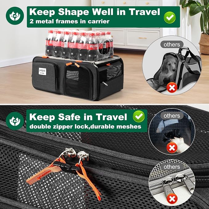 pidipiti 17x13x8 Soft-Sided pet Carrier,for 1 Extra-Small Dog/Small cat | top Expandable,TSA Approved,for Frontier Allegiant Breeze Airlines ,with 2 pockets,zipper lock,leakproof,good Visibility