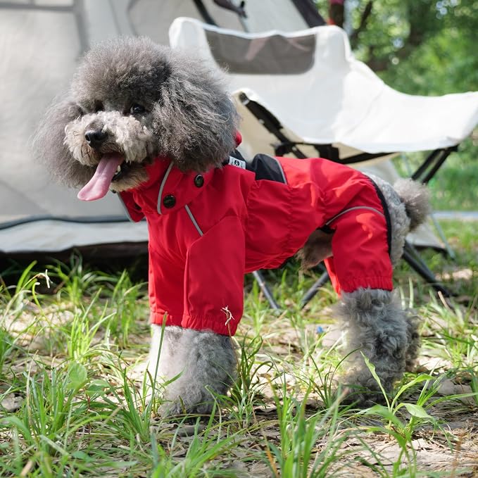 LOVELONGLONG Waterproof Dog Raincoat with Removable Hood – Outdoor Full Body Dog Jacket, Windproof Snowproof Shell Suit – All Season Pet Rain Gear Red XXL