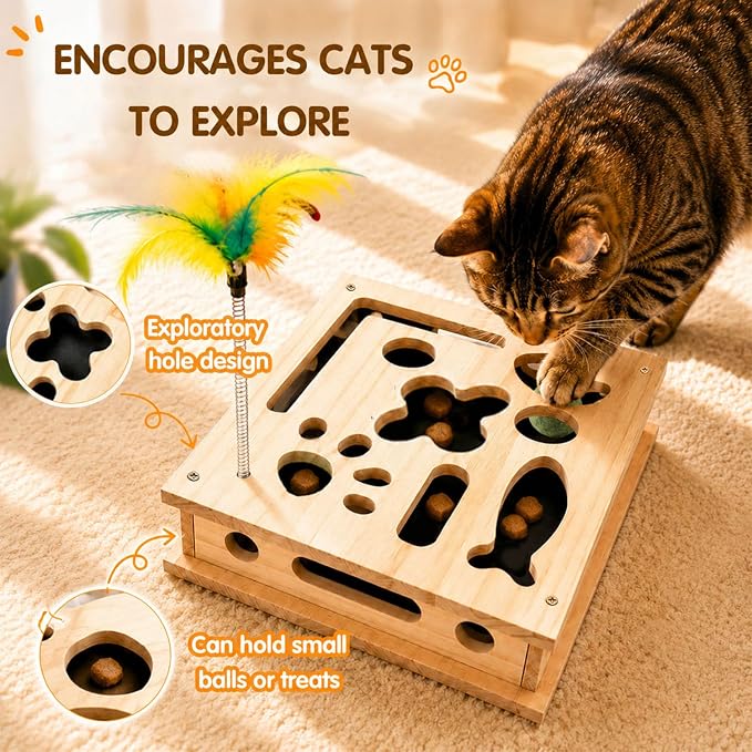 Cat Scratch Puzzle Enrichment Box | Wood Construction Cat Nail File Enrichment Box with Sandpaper Inside,Cat Nail File Box with Three Interactive Play Ball Toys
